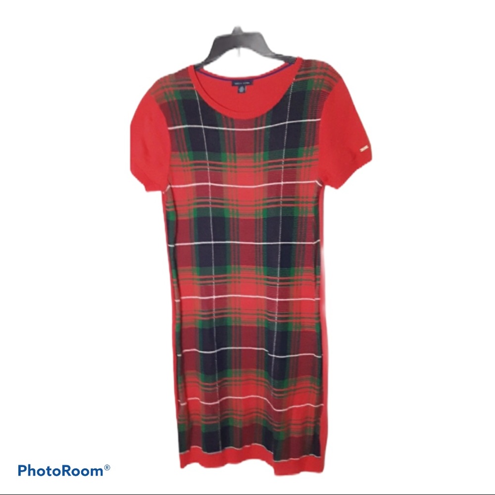 Tommy Hilfiger Sweater Dress Plaid Red Size Large 100% Cotton